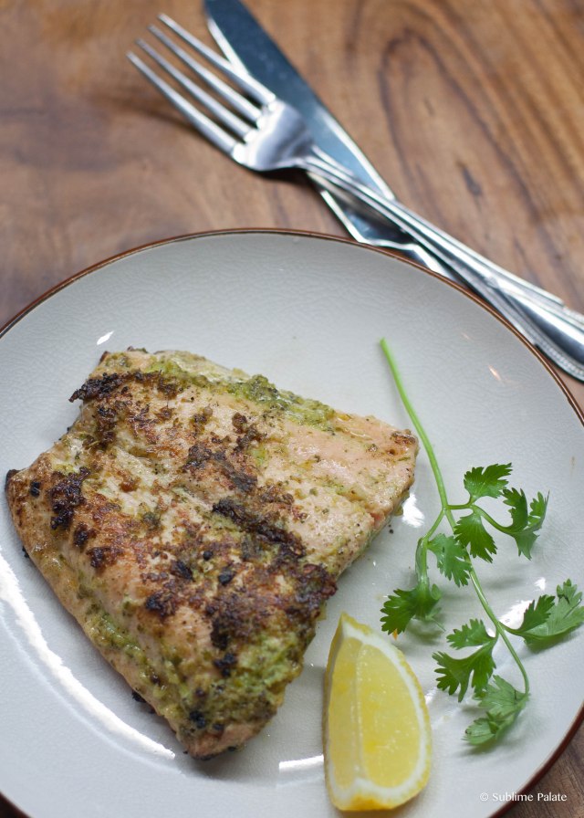 Crispy Salmon with Garlic Coriander Sauce
