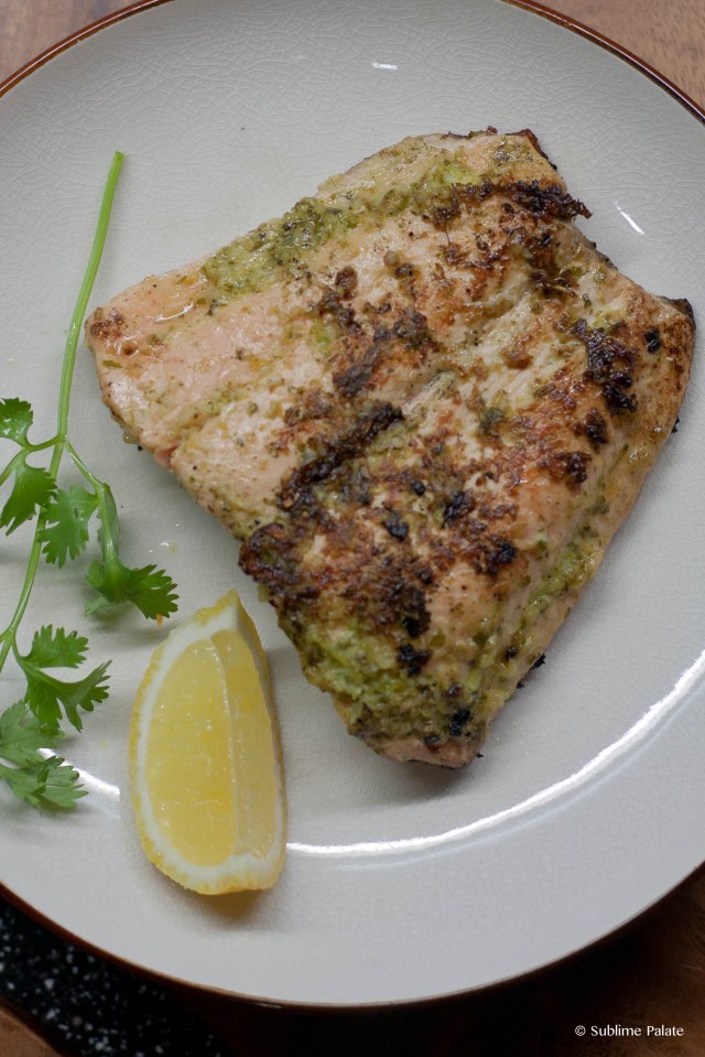 Crispy Salmon with Garlic Coriander Sauce